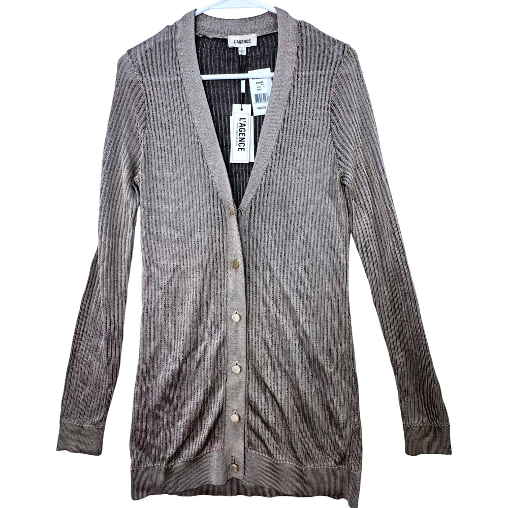 NEW $360 L'AGENCE Millie Button Cardigan Women Small Metallic Ribbed Knit Glam